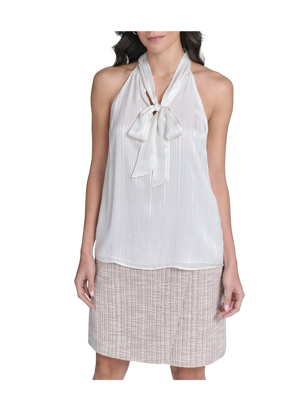 Calvin Klein Women White Viscose Casual Sleeveless Tie-Neck Blouse Top Size S